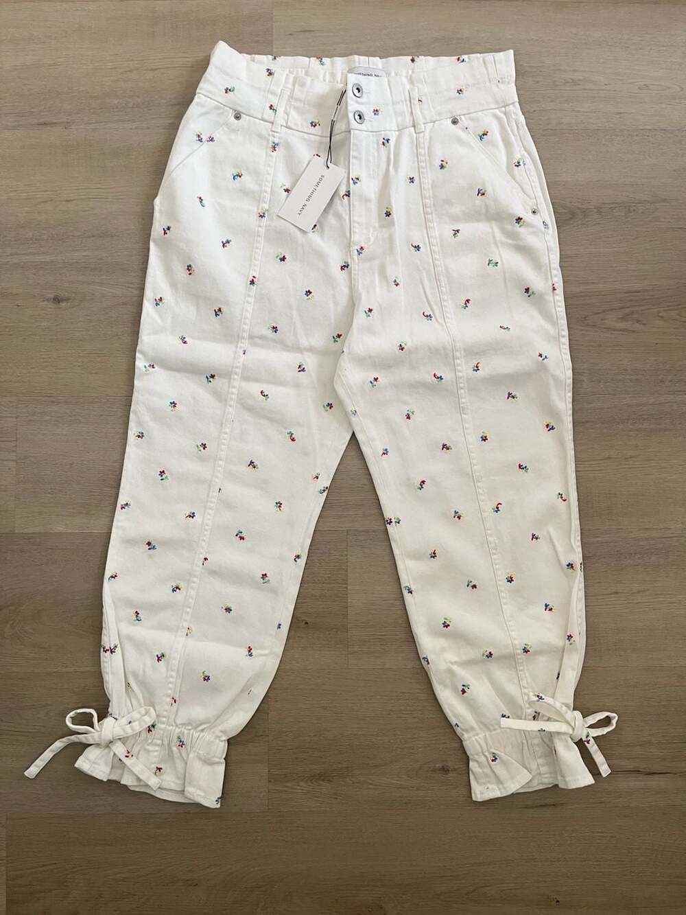Something Navy Sylvia Denim Pants with Floral Embroidery and Tie Cuffs